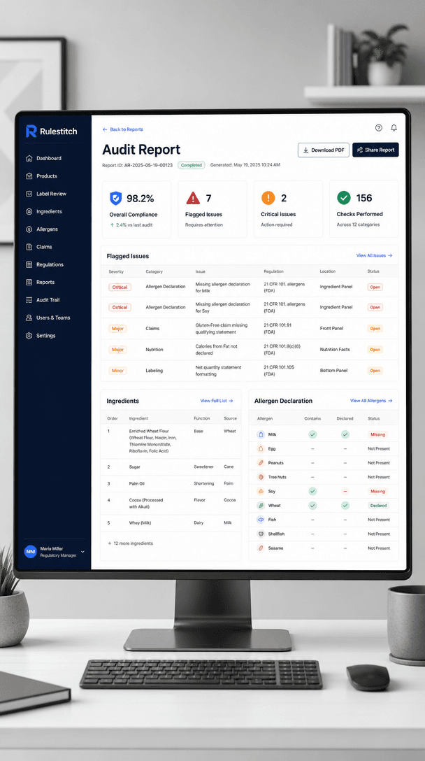 Rulestitch compliance dashboard showing flagged label issues and audit evidence.